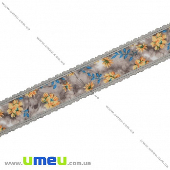 Тесьма гобеленовая с рюшами Цветы, 25 мм, Серая (LEN-019668)