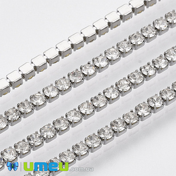 Стразовий ланцюг SS6 - 2,0 мм, нерж. сталь т. срібло, Стрази скляні білі (ZEP-040487)