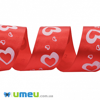 Атласна стрічка Серця, 40 мм, Червона (LEN-048592)