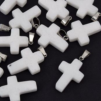 Підвіска Хрест, Натур. камінь Нефрит білий, 30х20х6 мм (POD-057954)