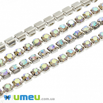 Стразовая цепь SS14 - 3,2 мм, Светлое серебро, Стразы стеклянные белые АВ (ZEP-047566)