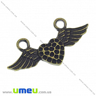 Конектор металевий Серце з крилами, 33х15 мм, Антична бронза (KON-013434)