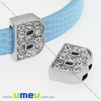 Намистина мет., Буква B зі стразами, 12х9 мм, Темне срібло (BUS-008843)