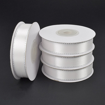 Атласна стрічка з люрексом, 15 мм, Біла зі сріблом (LEN-061080)
