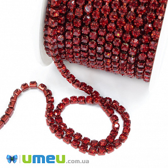 Стразовая цепь SS12 (2,8 мм), Красная темная, Стразы стеклянные красные (ZEP-043252)