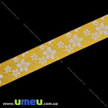 Атласная лента Цветы, 25 мм, Оранжевая (LEN-019660)