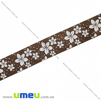 Атласная лента Цветы, 25 мм, Коричневая (LEN-019653)