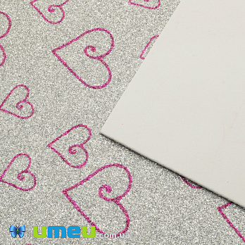 Фоамиран глиттерный с рисунком Сердца, 20х27 см, Серебристый (FOM-042960)