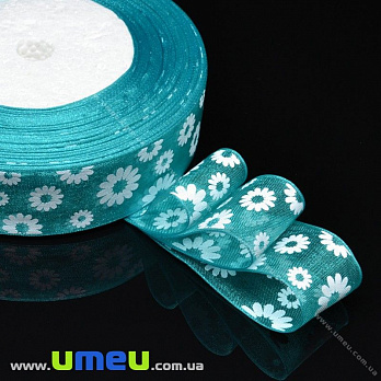 Лента из органзы Ромашки, 25 мм, Голубая (LEN-019680)