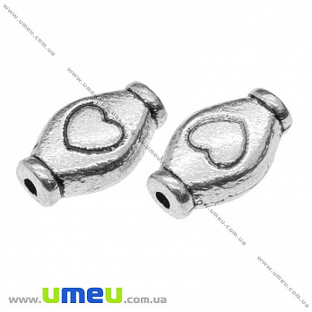 Намистини мет. Ромб з сердечком, 11х7х3 мм, Античне срібло (BUS-009019)