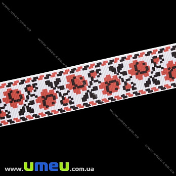 Репсовая лента с рисунком Орнамент, 25 мм, Красная (LEN-025658)