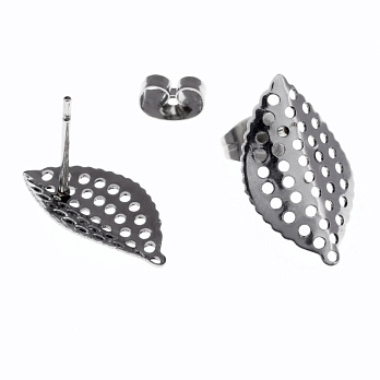 Пусеты из нерж. стали с заглушками, Листики, 18х11 мм, Темное серебро (STL-055774)