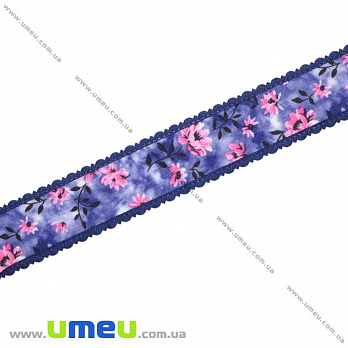 Тесьма гобеленовая с рюшами Цветы, 25 мм, Синяя (LEN-019665)