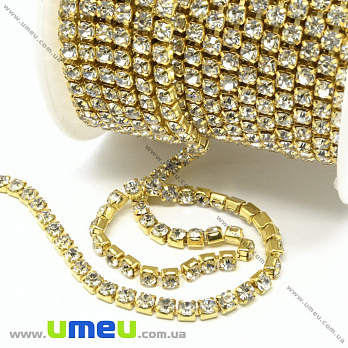 Стразовий ланцюг SS14 - 3,2 мм, Золото, Стрази скляні білі (ZEP-036411)