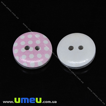 Гудзик дерев'яний Круглий в горошок, 15 мм, Рожевий Світлий (PUG-032914)