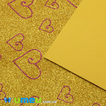 Фоамиран глиттерный с рисунком Сердца, 20х30 см, Золотистый (FOM-042959)