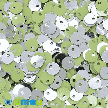 Паєтки Індія круглі плоскі (зміщений отвір), 5 мм, Серебристо-салатові (PAI-037443)