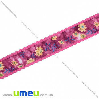 Тесьма гобеленовая с рюшами Цветы, 25 мм, Малиновая (LEN-019664)