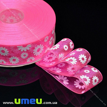 Стрічка з органзи Ромашки, 25 мм, Рожева (LEN-019690)