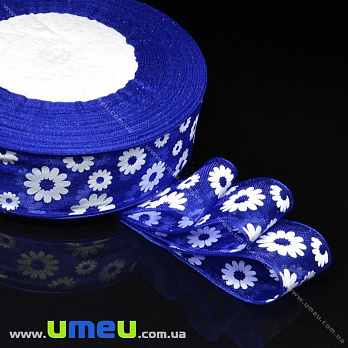 Лента из органзы Ромашки, 25 мм, Синяя (LEN-019687)
