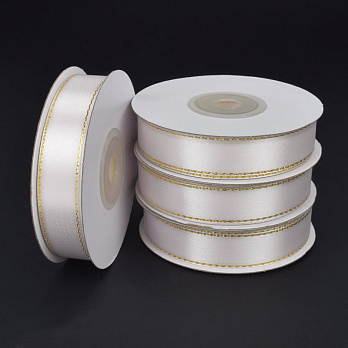 Атласна стрічка з люрексом, 15 мм, Біла з золотом (LEN-061079)