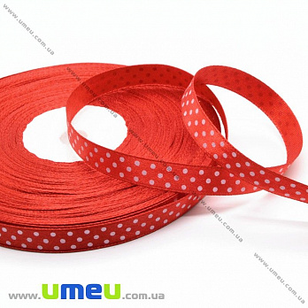 Атласна стрічка в горошок, 10 мм, Червона (LEN-029798)