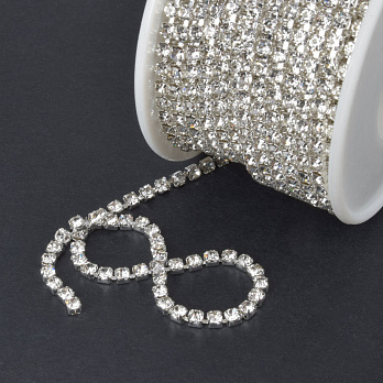 Стразовий ланцюг SS12 (2,8 мм), Світле срібло, Стрази скляні білі (ZEP-040035)