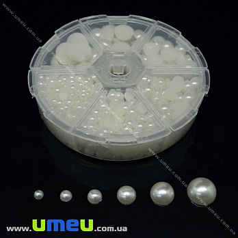 Набор полубусин в контейнере, Кремовые, Круглые (KAB-022078)