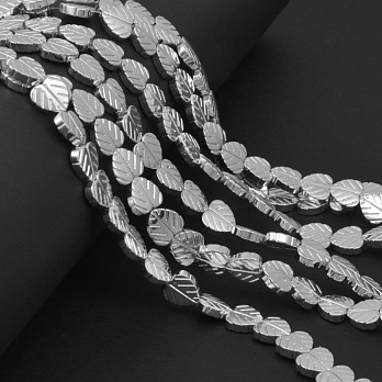 Бусины Гематит, Нат. камень, Листик, 8х8х2,5 мм, С покрытием, Светлое серебро (BUS-057823)