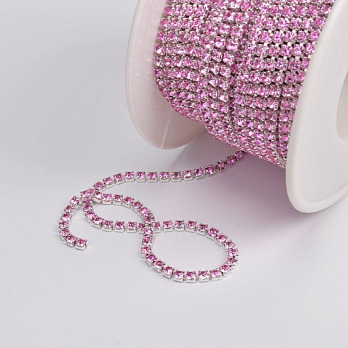 Стразовая цепь SS6 (2,0 мм), Светлое серебро, Стразы стеклянные розовые (ZEP-061016)