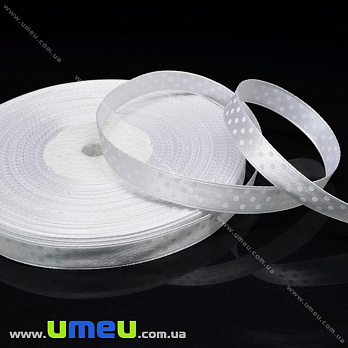 Атласная лента в горошек, 10 мм, Белая (LEN-029812)