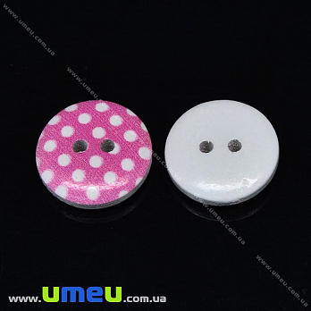 Гудзик дерев'яний Круглий в горошок, 15 мм, Малиновий (PUG-032913)
