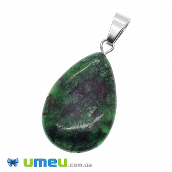 Підвіска Крапля плоска з натурального каменю, Рубін в цоізиті, 32х16 мм (POD-037503)