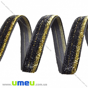Лента бархатная с люрексом, 10 мм, Черная с золотом (LEN-035794)