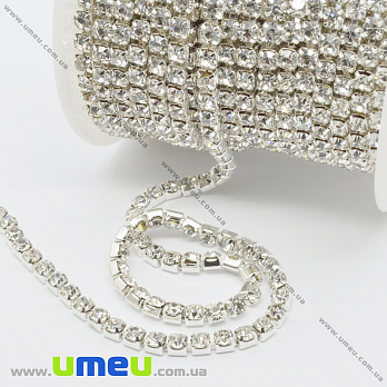 Стразовая цепь SS14 - 3,2 мм, Светлое серебро, Стразы стеклянные белые (ZEP-036412)