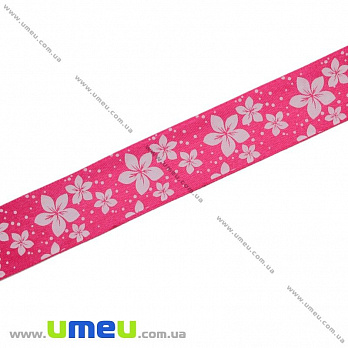 Атласная лента Цветы, 25 мм, Малиновая (LEN-019652)