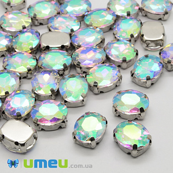 Шатон овальний 10х8 мм, Темне срібло, Білий АВ (KAB-037983)