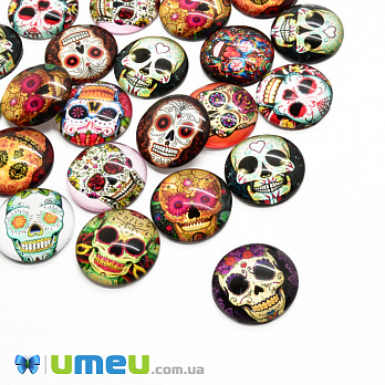 Кабошоны стеклянные с принтом Череп, 18 мм, Круглые, Микс (KAB-050692)
