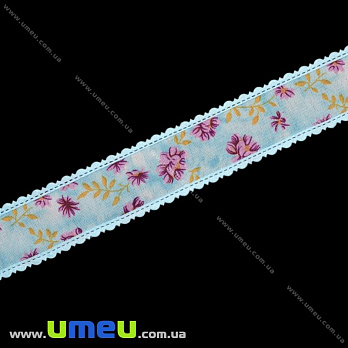 Тесьма гобеленовая с рюшами Цветы, 25 мм, Голубая (LEN-019669)